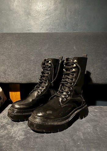 37 Beden Siyah Deri Platform Topuklu Punk Botlar