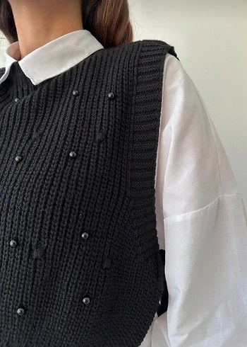 Siyah Örgü Kısa Süveter - Görsel 3