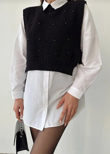 Siyah Örgü Kısa Süveter - Görsel 4