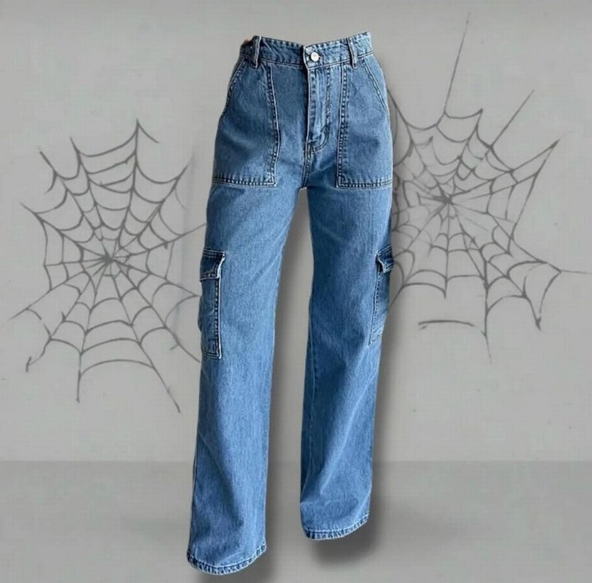 Kemerli Bol Kesim Mavi Denim Pantolon - Görsel 2