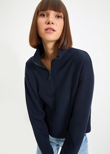 Kadın Lacivert Yarım Fermuarlı Sweatshirt
