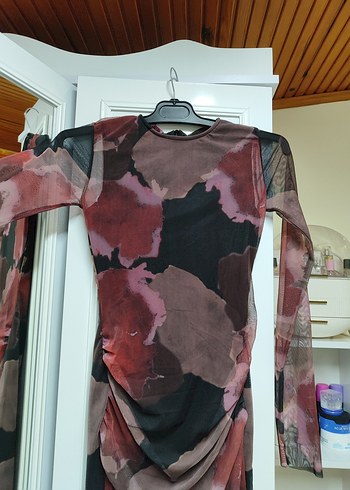 s Beden Bordo Batik Desenli Uzun Drapeli Elbise