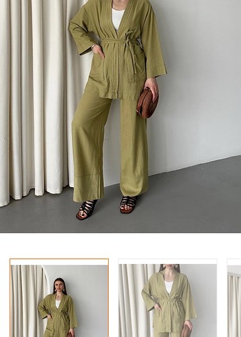 Hafif Keten Kumaşlı Kemerli Khaki Kimono