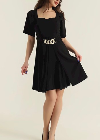 Kemerli Siyah Mini Gotik Elbise - Görsel 2