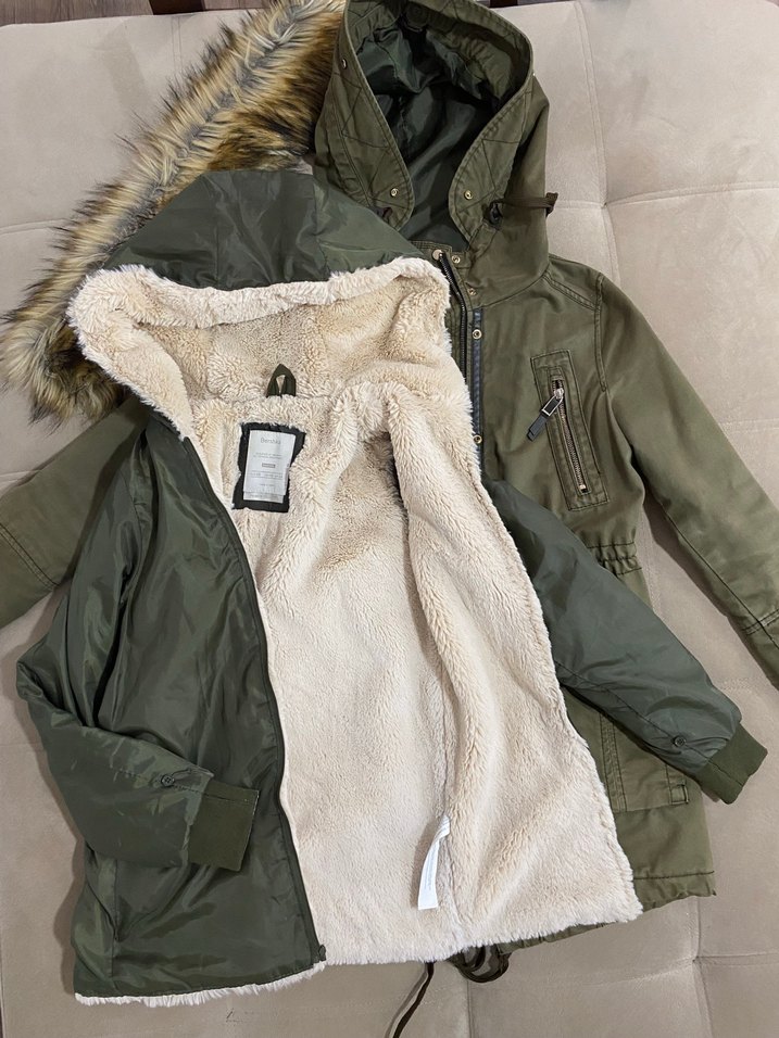 haki renkli kürklü bershka parka - Görsel 2