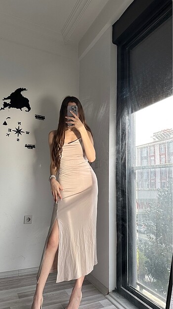 Cheri Butik | Taş Rengi Likrali Elbise