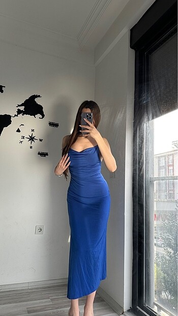 Cheri Butik | Lacivert Likrali Uzun Elbise
