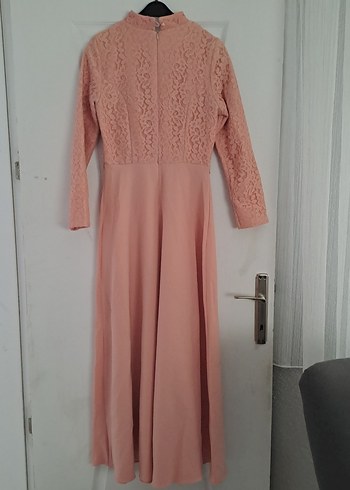Dantel Detaylı Pembe Uzun Abiye Elbise - Görsel 3