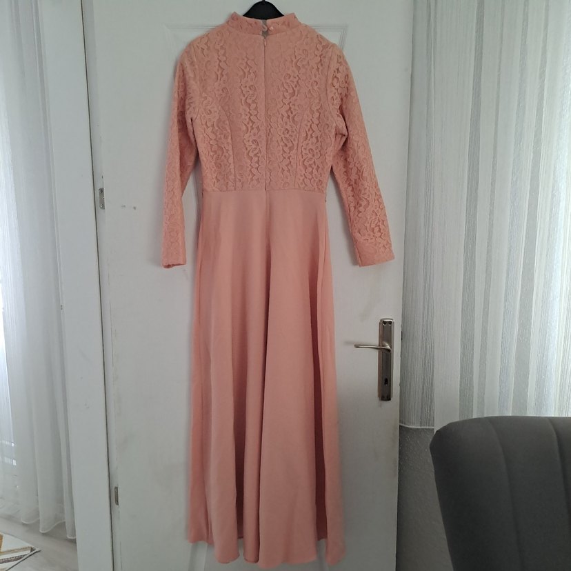 Dantel Detaylı Pembe Uzun Abiye Elbise - Görsel 3