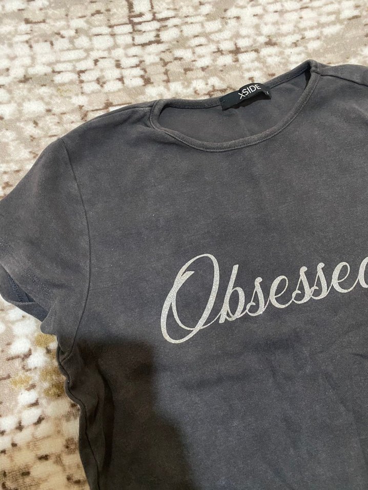 Gri Kısa Kollu Kadın Tişört Crop - Görsel 2