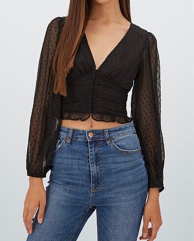 Stradivarius siyah tüllü kopçalı bluz