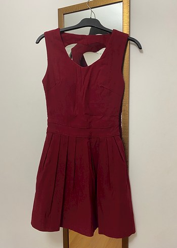 Bordo V Yakalı Pileli Mini Elbise