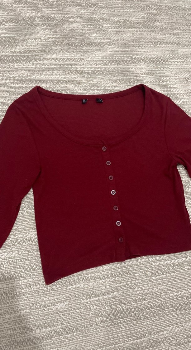 Düğmeli Bordo Uzun Kollu Kadın Bluz - Görsel 2