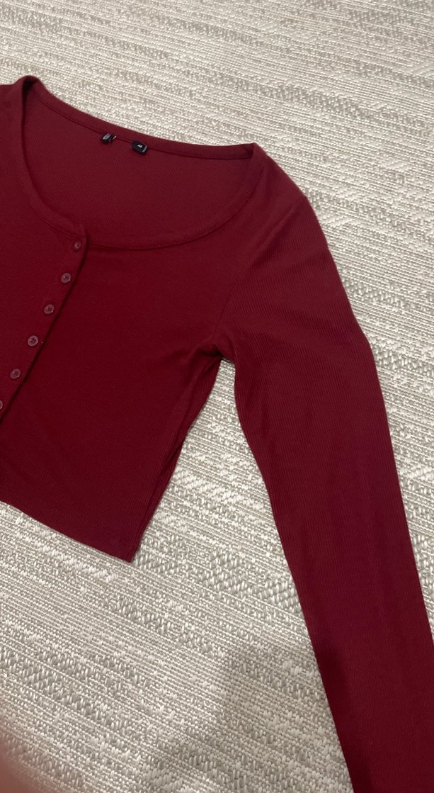 Düğmeli Bordo Uzun Kollu Kadın Bluz - Görsel 3