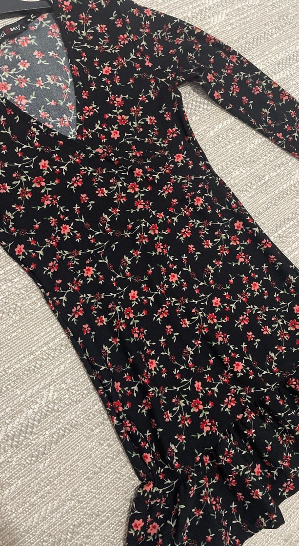 Çiçek Desenli Uzun Kollu V Yaka Bohem Elbise - Görsel 3