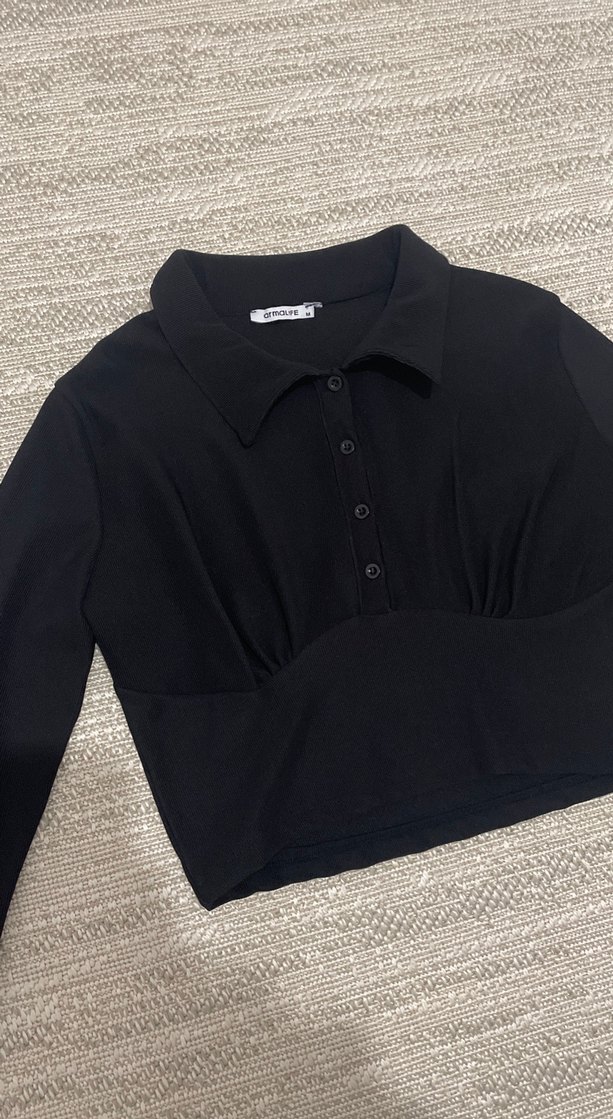 Düğmeli Siyah Uzun Kollu Gömlek - Görsel 2