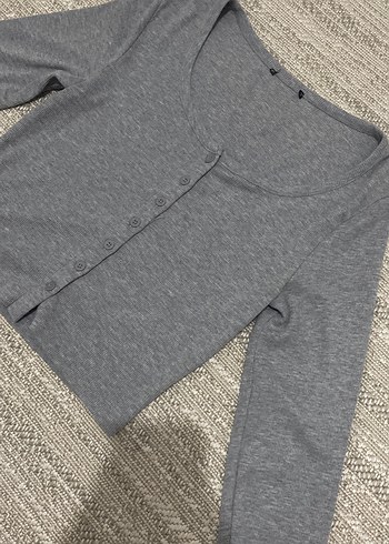 Gri Kadın Pamuklu Düğmeli Hırka - Görsel 3