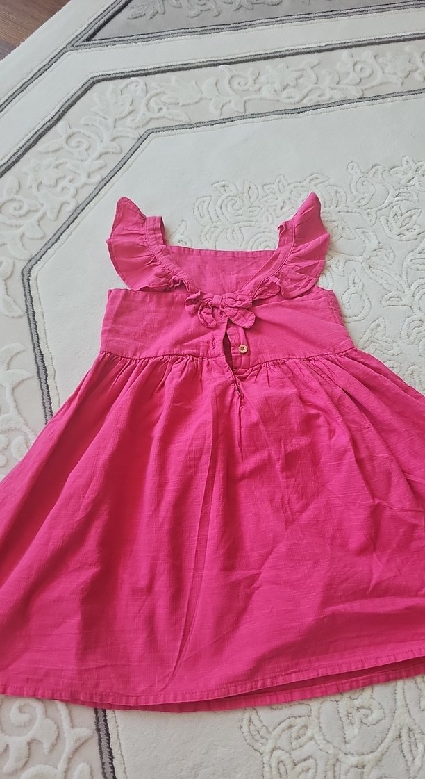 Pembe Keten Kolsuz Fırfırlı Kız Elbisesi - Görsel 2