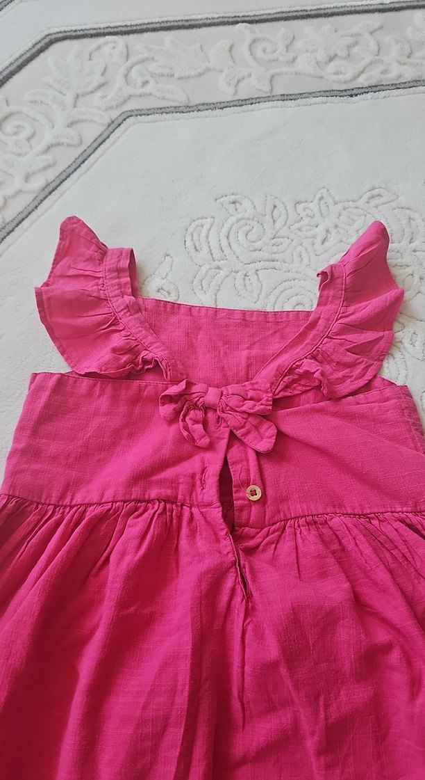 Pembe Keten Kolsuz Fırfırlı Kız Elbisesi - Görsel 3