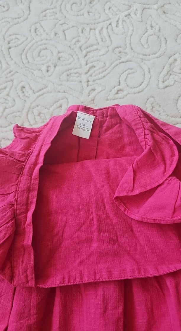 Pembe Keten Kolsuz Fırfırlı Kız Elbisesi - Görsel 4