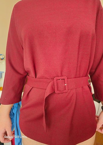 Bordo Kemerli tunik Bluz - Görsel 4