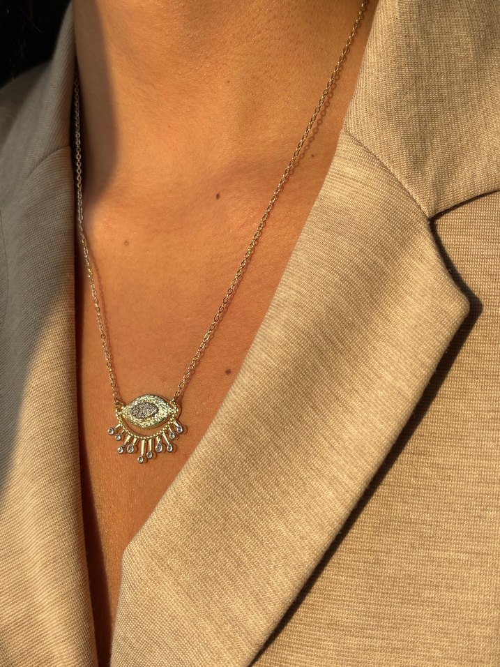 Zincir Detaylı Mini göz Desenli Altın Kolye - Görsel 2
