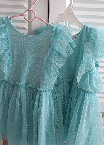 Turkuaz Fırfırlı Kız Çocuk Elbise - Görsel 2
