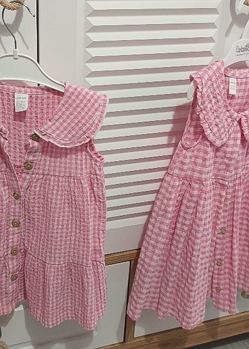 Pembe Kareli pöti kare Pamuklu Kız Elbise - Görsel 3