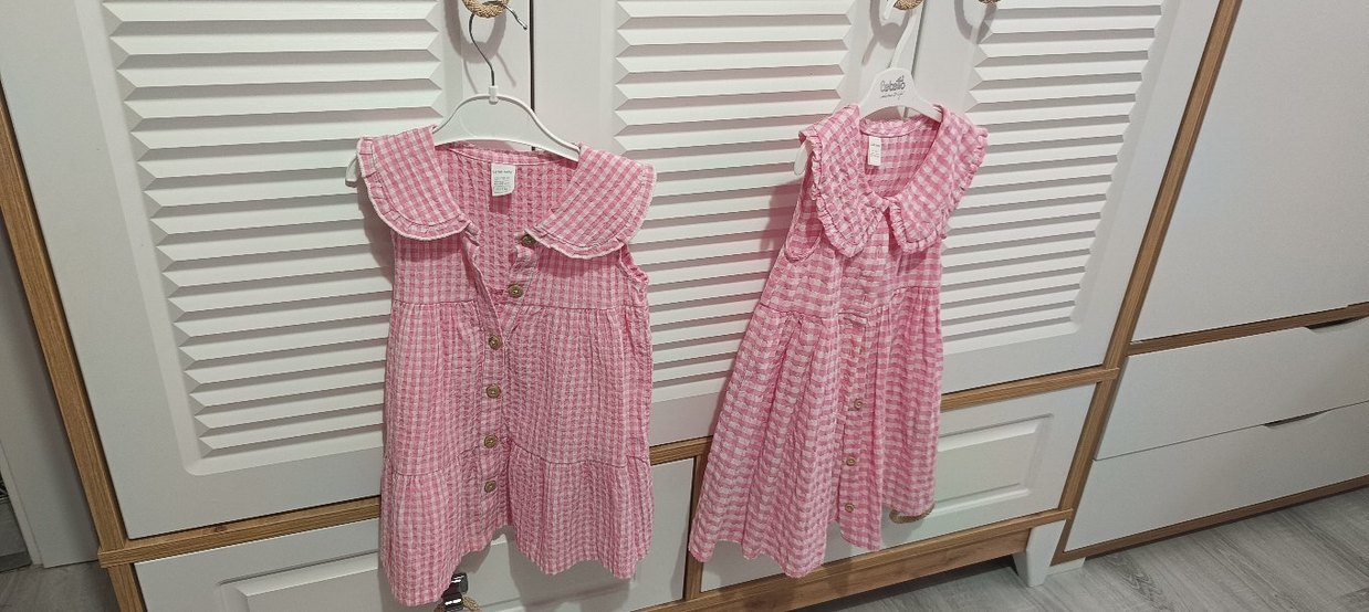 Pembe Kareli pöti kare Pamuklu Kız Elbise - Görsel 3