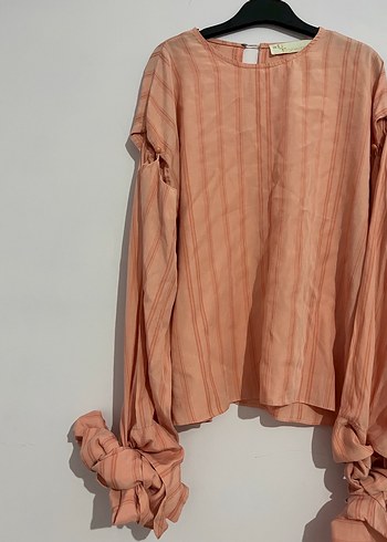 Bej Pilili Uzun Kollu Keten Bluz - Görsel 2