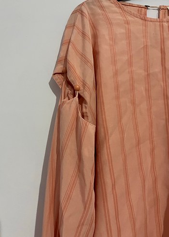 Bej Pilili Uzun Kollu Keten Bluz - Görsel 3