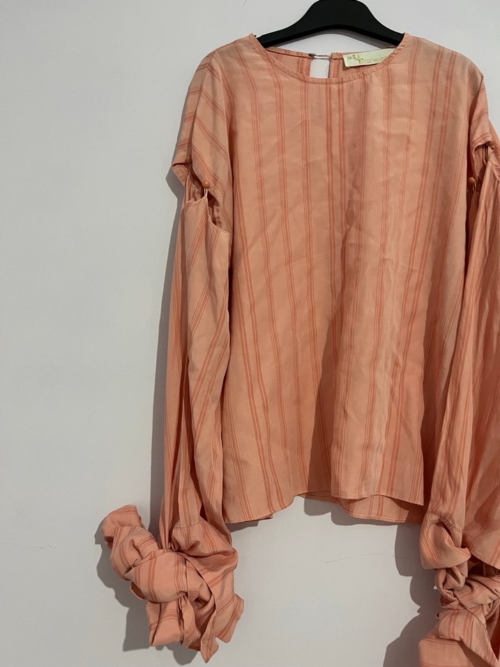 Bej Pilili Uzun Kollu Keten Bluz - Görsel 2