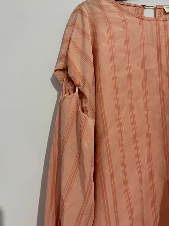 Bej Pilili Uzun Kollu Keten Bluz - Görsel 3