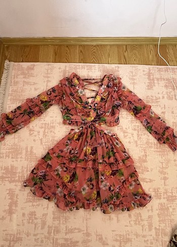 Pembe V Yaka Fırfırlı Mini Bohem Elbise - Görsel 3