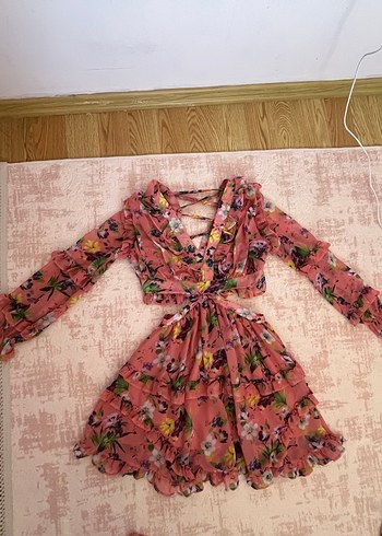 Pembe V Yaka Fırfırlı Mini Bohem Elbise - Görsel 4