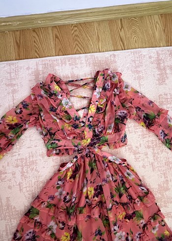 Pembe V Yaka Fırfırlı Mini Bohem Elbise - Görsel 6