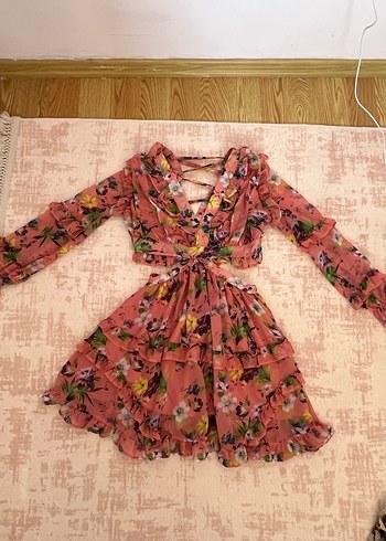 Pembe V Yaka Fırfırlı Mini Bohem Elbise - Görsel 2