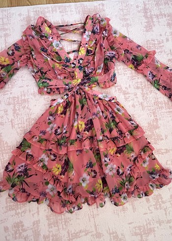 Pembe V Yaka Fırfırlı Mini Bohem Elbise - Görsel 7