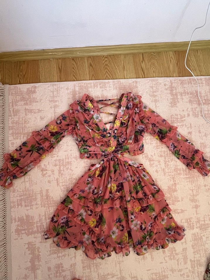 Pembe V Yaka Fırfırlı Mini Bohem Elbise - Görsel 4