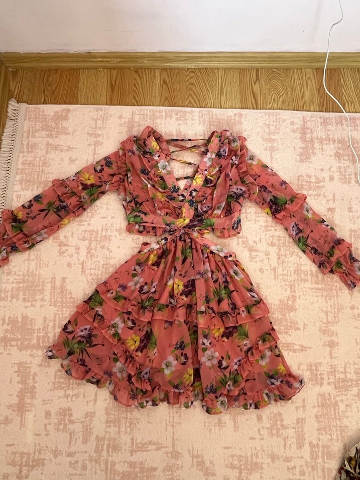 Pembe V Yaka Fırfırlı Mini Bohem Elbise - Görsel 2