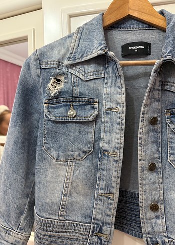 s Beden Düğmeli Gri Tie-Dye Denim Ceket
