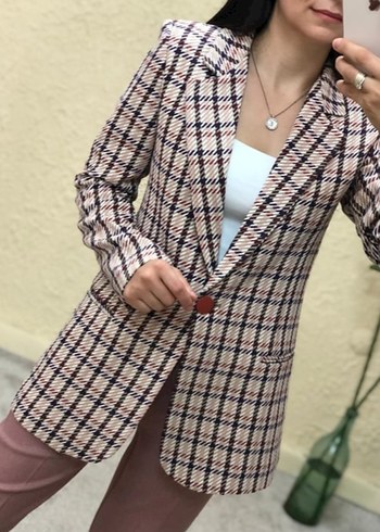Düğmeli Kahverengi Kareli Kadın Blazer