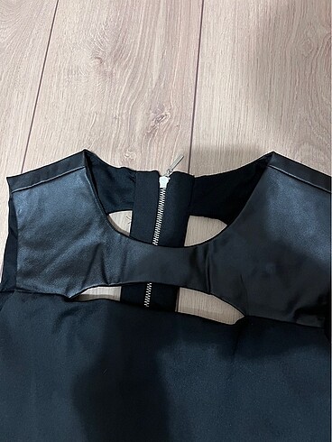 Siyah suni deri yakalı mini elbise - Görsel 5