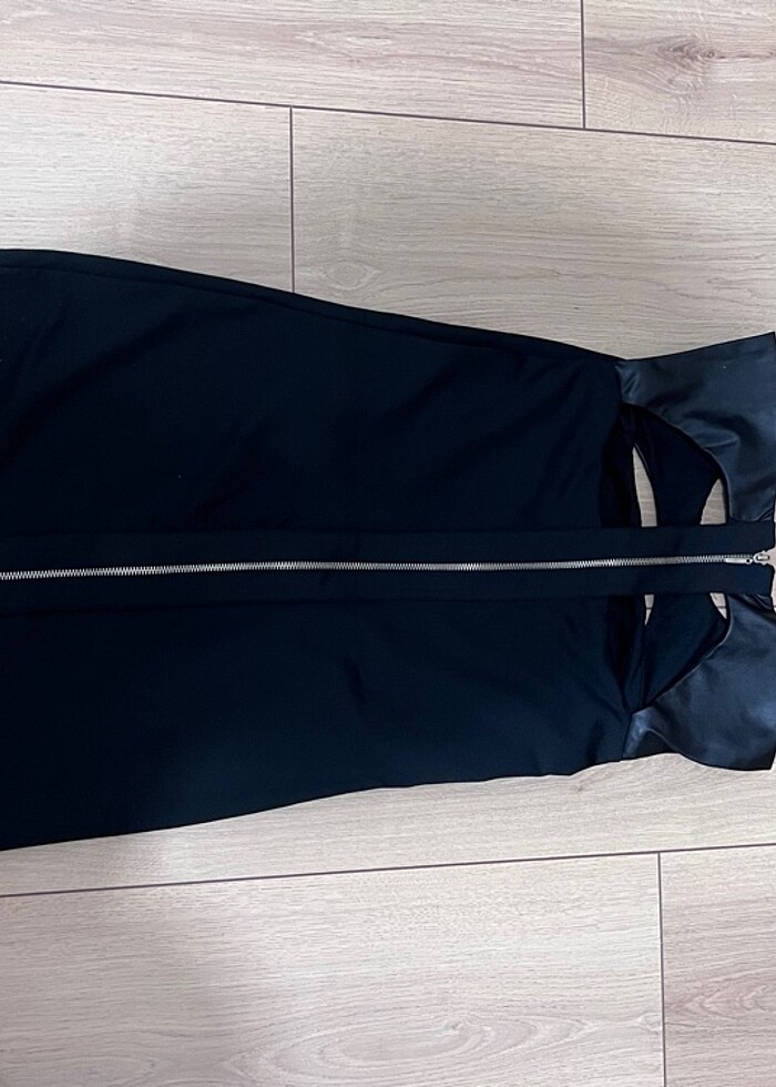 Siyah suni deri yakalı mini elbise - Görsel 4