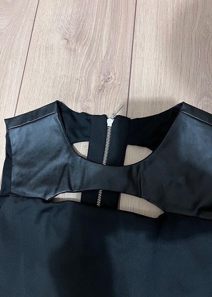 Siyah suni deri yakalı mini elbise - Görsel 5