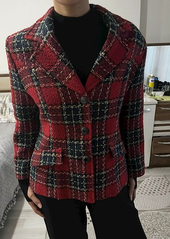 Düğmeli Kırmızı Ekose Kadın Blazer Ceket