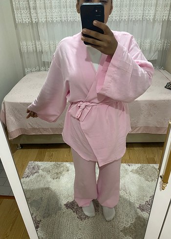 Pembe pamuklu kimona takım bol paça