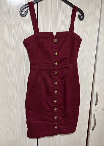 Diğer Bordo Düğmeli Midi Strappy Elbise