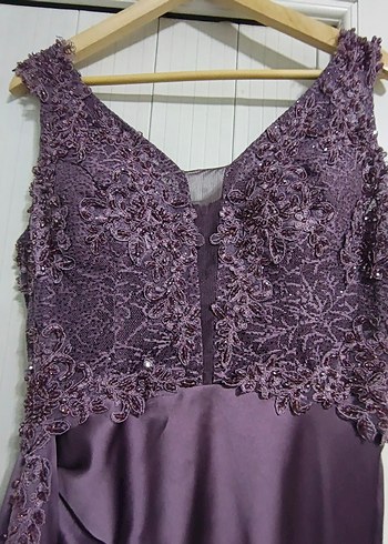Mor Straplez Nakışlı Uzun Abiye Elbise - Görsel 6