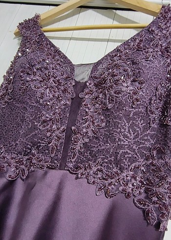 Mor Straplez Nakışlı Uzun Abiye Elbise - Görsel 8